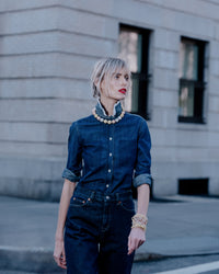18k yellow, white and rose downtown gramercy necklace modelled around the neck
