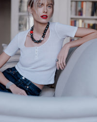 Tribeca downtown necklace styled on model's neck