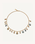 18k yellow, white and black scarab, emerald and drop pavé pendants on mini pendant necklace with rollo chain