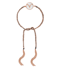 18k rose gold diamond-cut chain, hand braided with grey silk, and a pavé grey diamond incrusted aries zodiac symbol on a mother of pearl medallion on a white background
