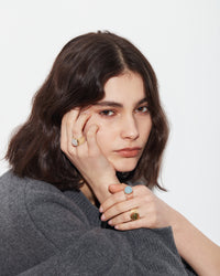 Carolina Bucci Downtown Rings, semi-precious stones (white agate, chalcedony, unakite), Florentine Finish 18k yellow & pink gold, worn on model, lifestyle setting