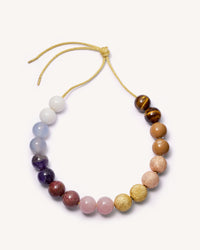 Meatpacking downtown Necklace with White agate, Chalcedony, Amethyst, Rhodonite, Rose quartz and Tiger's eye semi precious spheres, with camel enamel spheres and 18k yellow and rose gold florentine finish sphere