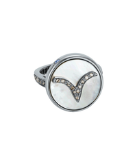 18k black gold aries zodiac ring with grey pave diamonds on a mother of pearl medallion on a white background