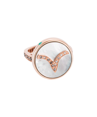 18k pink gold aries zodiac ring with grey pave diamonds on a mother of pearl medallion on a white background