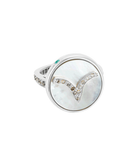 18k white gold aries zodiac ring with grey pave diamonds on a mother of pearl medallion on a white background