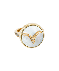 18k yellow gold aries zodiac ring with grey pave diamonds on a mother of pearl medallion on a white background