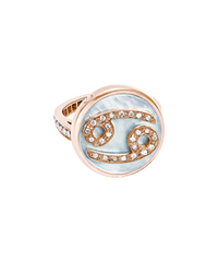 18k pink gold cancer zodiac ring with grey pave diamonds on a mother of pearl medallion on a white background