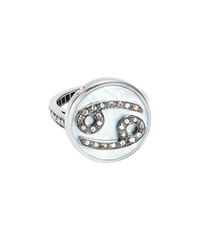 18k white gold cancer zodiac ring with grey pave diamonds on a mother of pearl medallion on a white background
