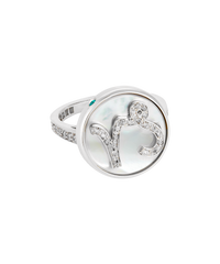 18k white gold capricorn zodiac ring with grey pave diamonds on a mother of pearl medallion on a white background