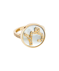 18k yellow gold capricorn zodiac ring with grey pave diamonds on a mother of pearl medallion on a white background