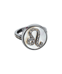 18k black gold leo zodiac ring with grey pave diamonds on a mother of pearl medallion on a white background