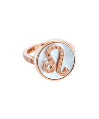 18k pink gold leo zodiac ring with grey pave diamonds on a mother of pearl medallion on a white background