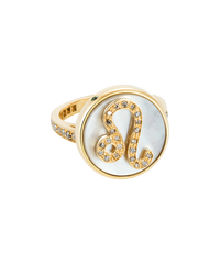 18k yellow gold leo zodiac ring with grey pave diamonds on a mother of pearl medallion on a white background