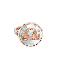 18k pink gold libra zodiac ring with grey pave diamonds on a mother of pearl medallion on a white background
