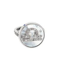 18k white gold libra zodiac ring with grey pave diamonds on a mother of pearl medallion on a white background