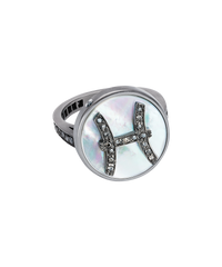 18k black gold pisces zodiac ring with grey pave diamonds on a mother of pearl medallion on a white background