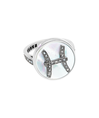 18k white gold pisces zodiac ring with grey pave diamonds on a mother of pearl medallion on a white background