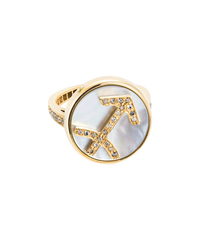 18k yellow gold sagittarius zodiac ring with grey pave diamonds on a mother of pearl medallion on a white background