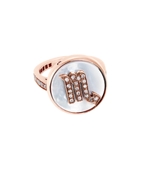18k pink gold scorpio zodiac ring with grey pave diamonds on a mother of pearl medallion on a white background