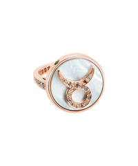 18k pink gold taurus zodiac ring with grey pave diamonds on a mother of pearl medallion on a white background
