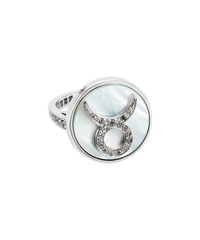 18k white gold taurus zodiac ring with grey pave diamonds on a mother of pearl medallion on a white background