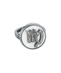 18k black gold virgo zodiac ring with grey pave diamonds on a mother of pearl medallion on a white background