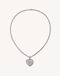 18k white 40 cm discoball necklace connected with small 18k white gold diamond pavé cuore pendant on white background