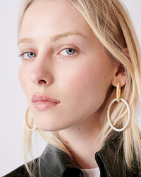 18k yellow florentine frosted finish gold small oval hoops with 18k white and rose gold large hoops close up on model 